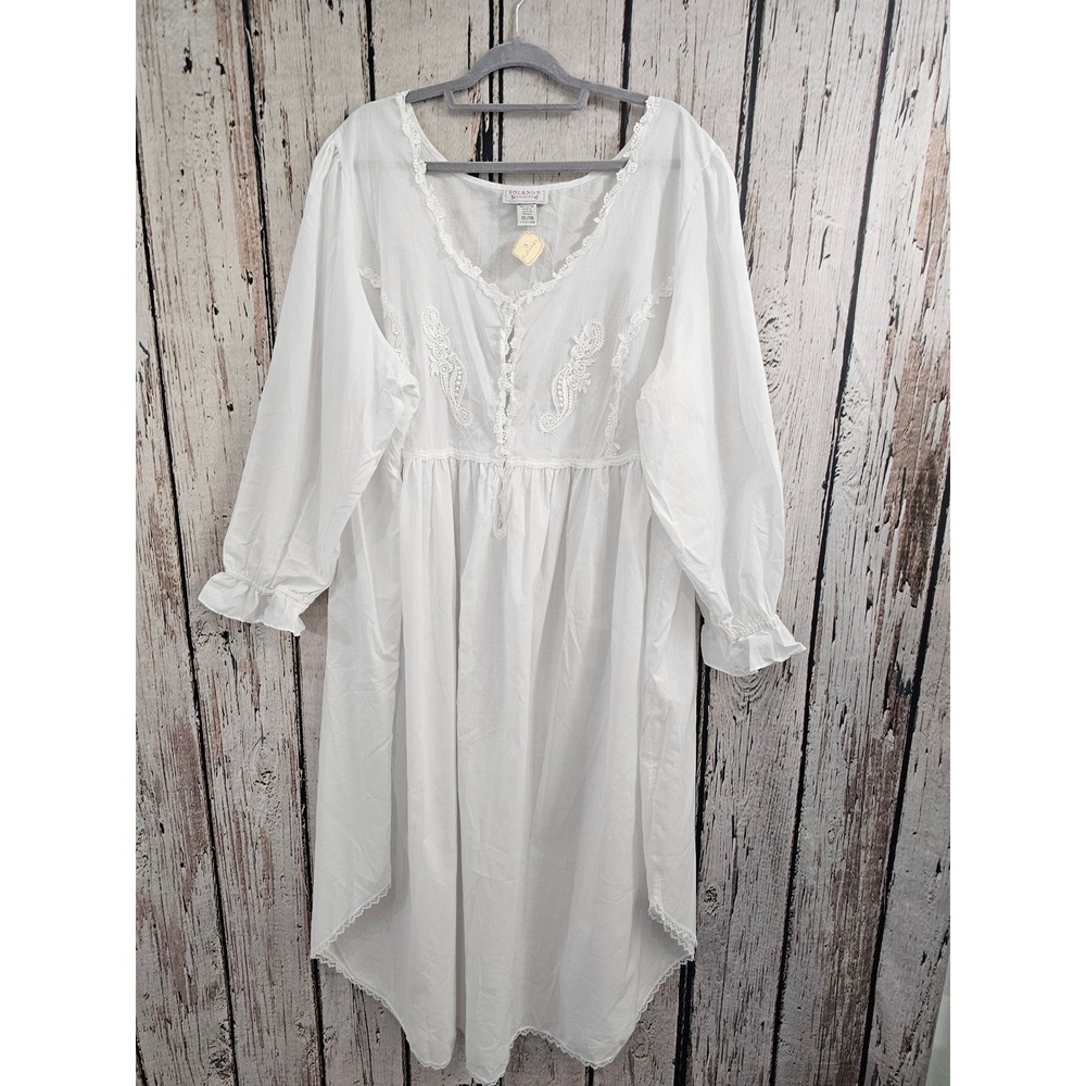 White Women's Long Sleeve Cotton Nightgown - Classic Lace Detail